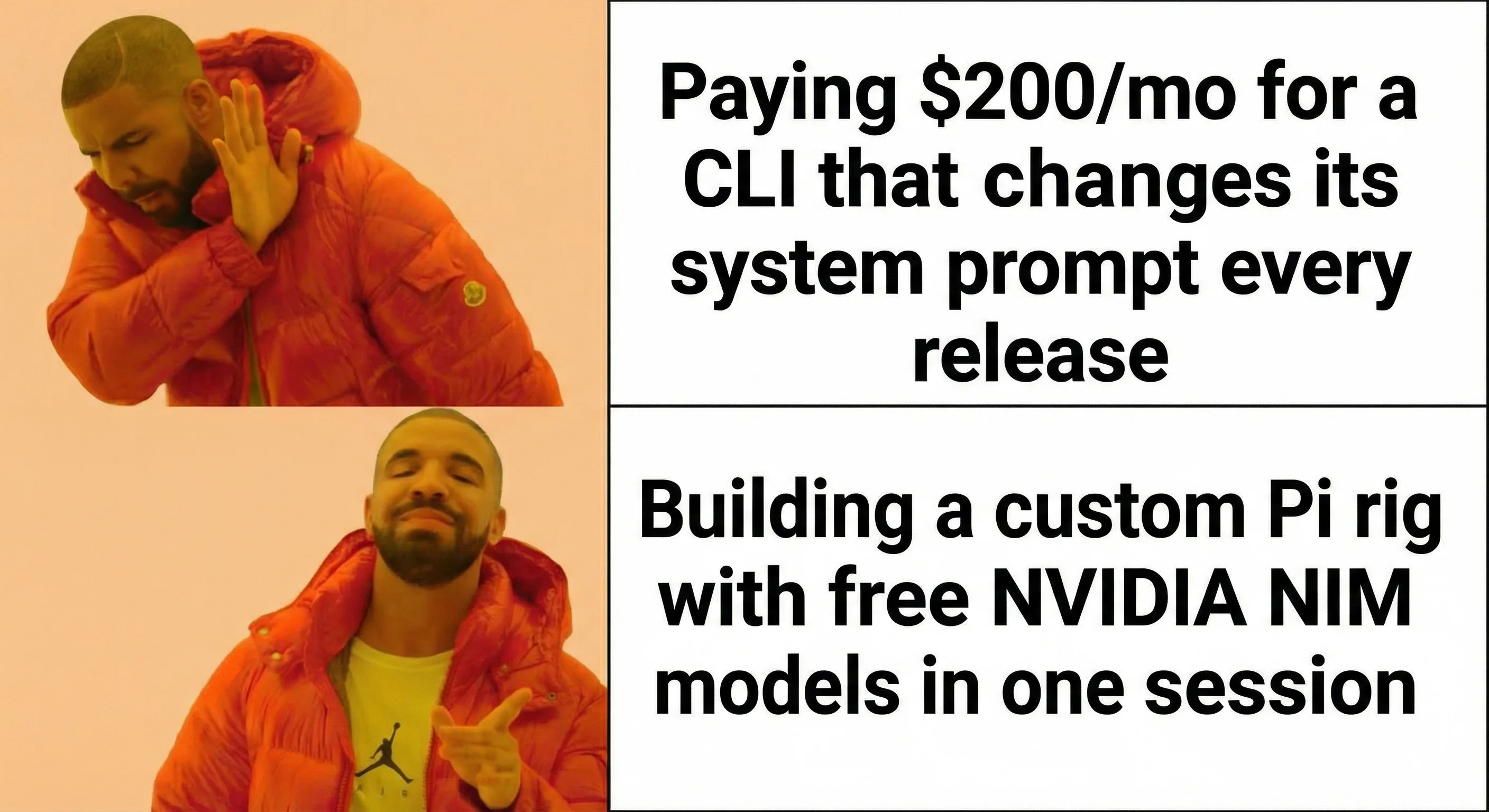 Drake Hotline Bling meme - Paying $200/mo vs Building custom Pi rig