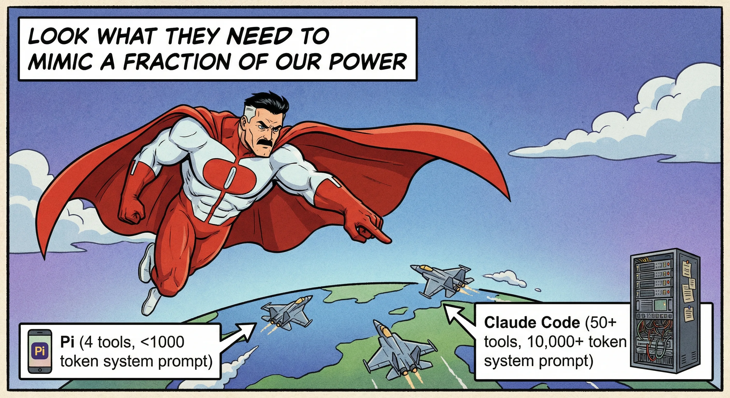 Omni-Man meme - Pi with 4 tools vs Claude Code