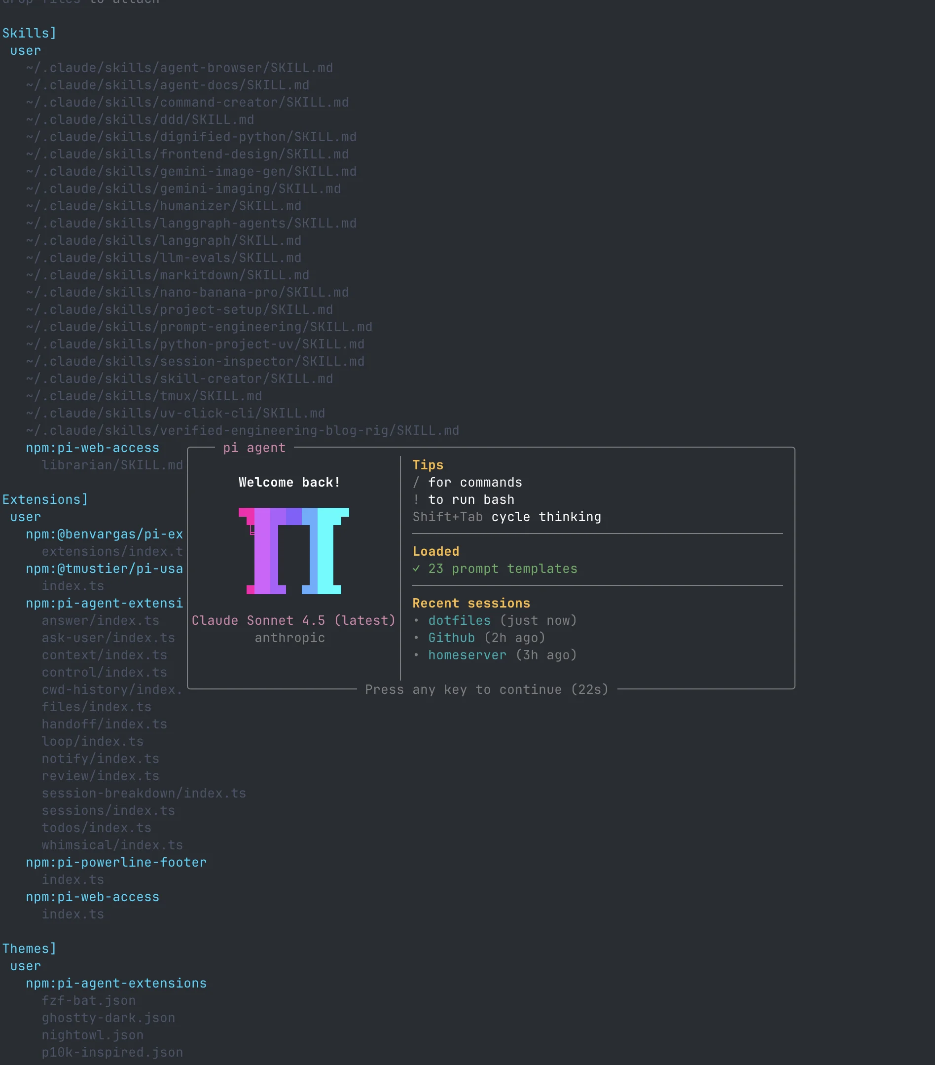 Pi startup showing loaded extensions list with powerline footer