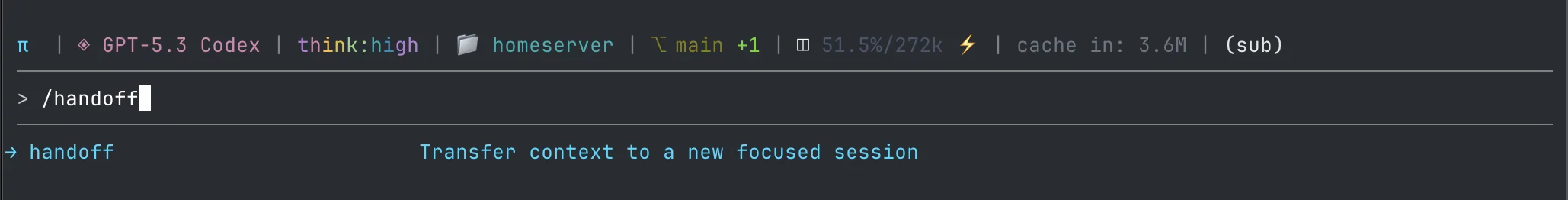 /handoff output showing extracted files, decisions, and open questions