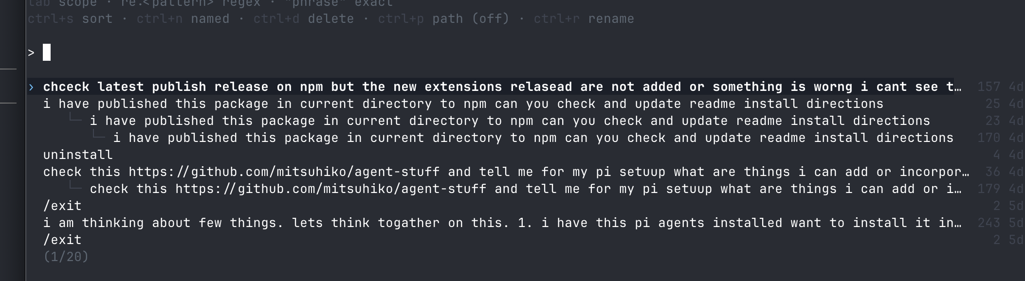 Pi /tree output showing a branching session with multiple paths