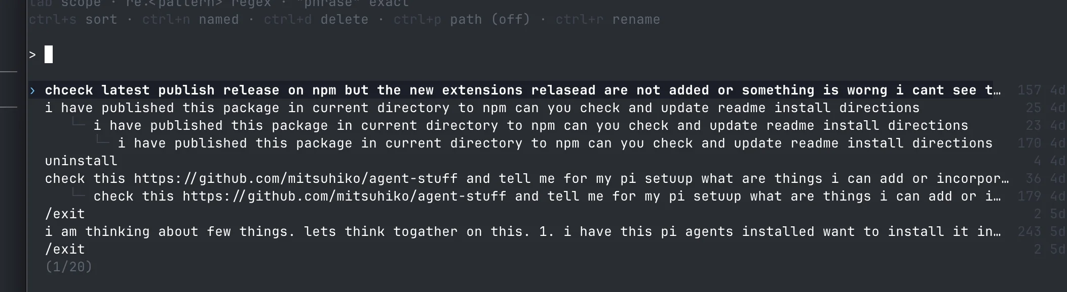 Pi /tree output showing a branching session with multiple paths